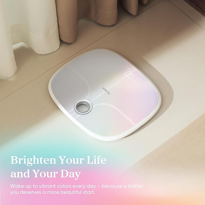 Etekcity Smart Rechargeable Scale for Body Weight, BMI, Fat, Muscle Mass, FSA&HSA Eligible, Digital Bathroom Scale with 13 Metrics, Secret Mode, Bluetooth Connect to Free Apps, Rainbow White