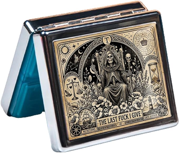 7 Days Chromed Shiny Silver Pill Organizer with Mirror Inside Has 8 Separate Compartments Rectangle,Versatile Storage for Medication - Ideal Travel Accessory (The Skeleton on the Throne)