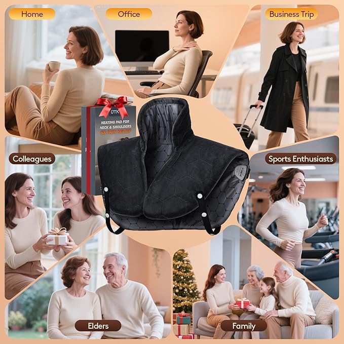 Far Infrared Heating Pad for Neck and Shoulders and Back - 6X Deeper Pain Relief, Graphene 30s Fast Heat, 8 Heat Setting, 16 Timer, Automatic Memory, Weighted Heating Pads Gift for Women&Men (Black)
