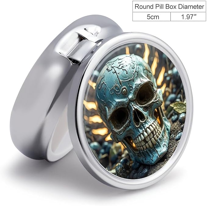Cool Evil Skull Pill Box Travel Pill Case for Purse Pocket Weekly Medicine Organizer with Mirror 3 Compartment Round Medicine Case Portable PillcaseHolder for Daily