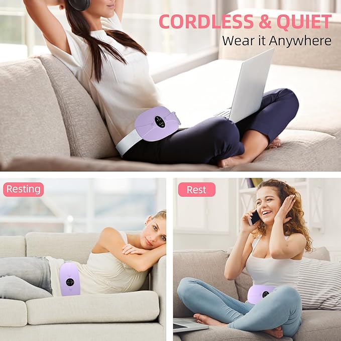 Portable Cordless Heating Pad, Heating Pad, Electric Waist Belt Device, 3-Speed Vibration &3-Speed Heat Levels, Portable Electric Fast Heating Belly Wrap Belt for Women and Girl (Light Purple)