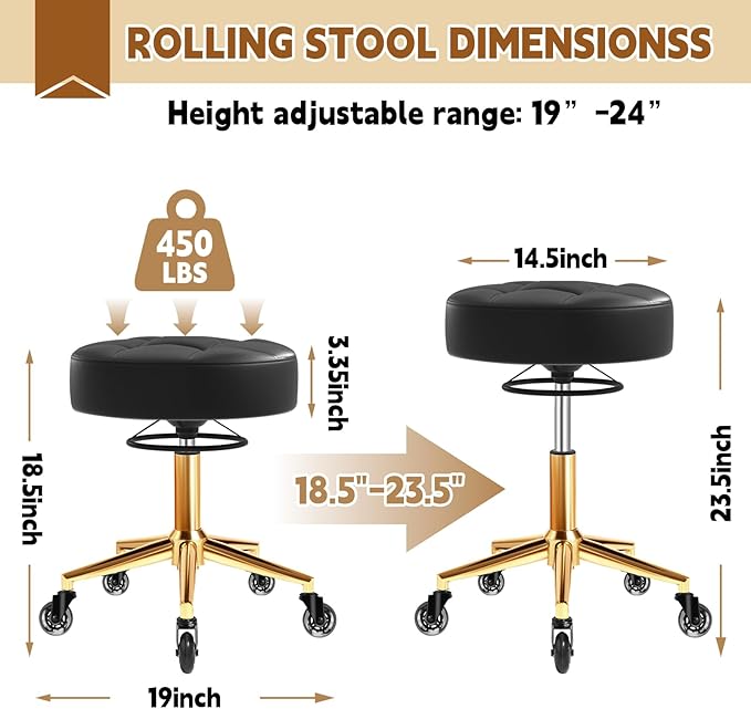Rolling Stool Heavy Duty 450lbs - Reinforced with Golden Alloy Steel, Super Soft Thick Cushion, 360° Swivel, Smooth Rolling NO Noises, Adjustable Stool with Wheels for Massage Tattoo Spa, (Black)