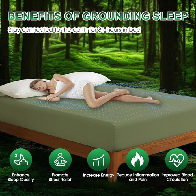 Ivellow Grounding Sheets King 10% Pure Silver Fiber 90% Organic Cotton Sheets King Size 16” Deep Pocket Soft Breathable Grounded Sheet Earth Connected Bedding Fitted Sheet with Grounding Cord Green