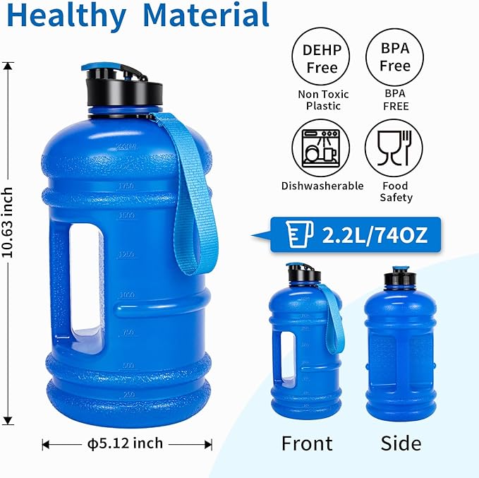 TOOFEEL 2 Liter Water Bottles - Half Gallon BPA Free - Ideal for Gym, Hiking, Running, Cycling - 74 oz Blue Water Bottle