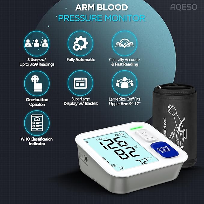 Blood Pressure Machine Upper Arm, Fits from Medium to Large Sizes 9"-17", Accurate Automatic Digital BP Monitor Home Use, Large Backlit LCD, 3 Users