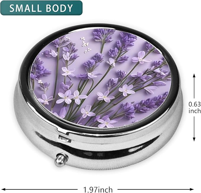 Pill Box 3 Compartment Pocket Small Pill Organizer Mini Metal Pill Holder Travel Portable for Woman Old People and Kids - Purple Lavender Flower