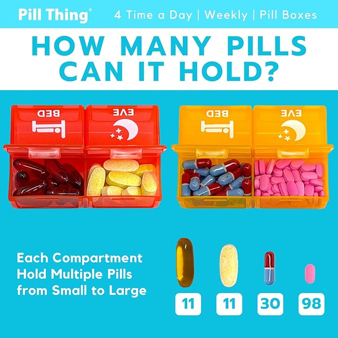 6 Times a Day, 7 Day Large Weekly Pill Organizer with Holder Tray, Vitamin, Medicine Box, Multicolor with Medical Alert Card (4X a Day - 2 Pack)
