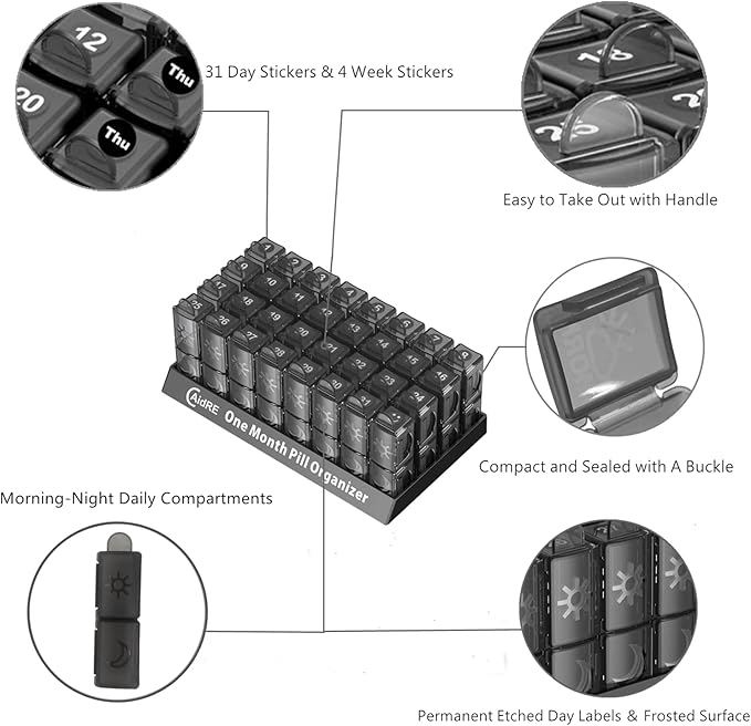 Monthly Pill Organizer 2 Times a Day, CAidRE 30 Day Pill Organizer AM PM, One Month Pill Boxes and Organizer, 31 Day Pill Organizer with Weekly Pill Holder for Fish Oil, Vitamins, Supplements, Black