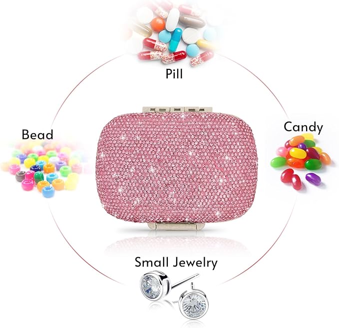 Soleebee Portable 8 Compartments Daily Pill Organizer, Bling Crystal Diamond Pill Box, Small Travel Pill Case, Pill Dispenser, Medicine Container Organizer to Hold Vitamin, Fish Oil (Pink)