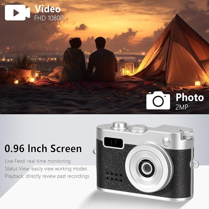 Mini Keychain Camera, FHD 1080p Mini Digital Camera with 32GB SD Card, Flash, 6 Creative Filters, 0.96" HD Display, 100 Mins Battery Life for Travel Recording Birthday Gifts (Vintage, Dark)