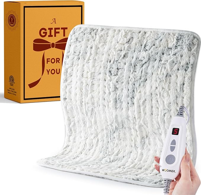 Woomer Heating Pad for Back Pain Relief, Extra Large Electric Heating Pad for Period Cramps, Moist&Dry Options, 6 Heat Setting, 2H Auto-Off, Cozy Faux Fur, 20” x 24”, Marble Blue