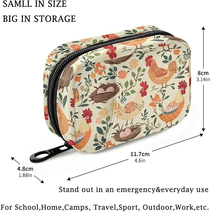 Fustylead Retro Farm Hen Chicken Rooster and Nest with Eggs Travel Pill Case Bag with Zipper Weekly Pill Box 8 Compartments 7 Day Personal Pill Case Purse Medicine Case Organizer