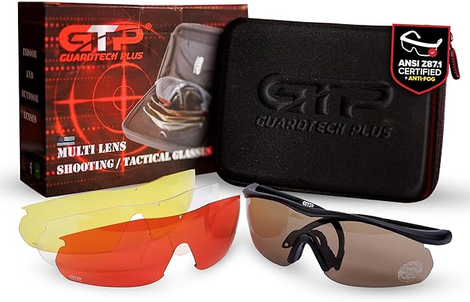 GuardTech Plus Shooting Glasses for Men and Women - ANSI Z87.1 Interchangeable Eye Protection - Shooting Safety Gear - 100% UV, Anti-Fog, Anti-Scratch Swappable Lenses Firing Range Glasses