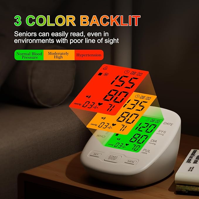 Blood Pressure Monitor, Blood Pressure Cuff 22-42cm - 2 * 99 Sets of Memory, 4*AAA Battery Included, White