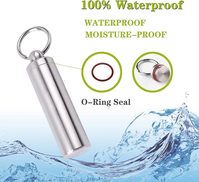 Keychain Pill Holder Container,Portable Waterproof Single Chamber Stainless Steel Pill Box,Small Pill Case for Outdoor Travel Camping