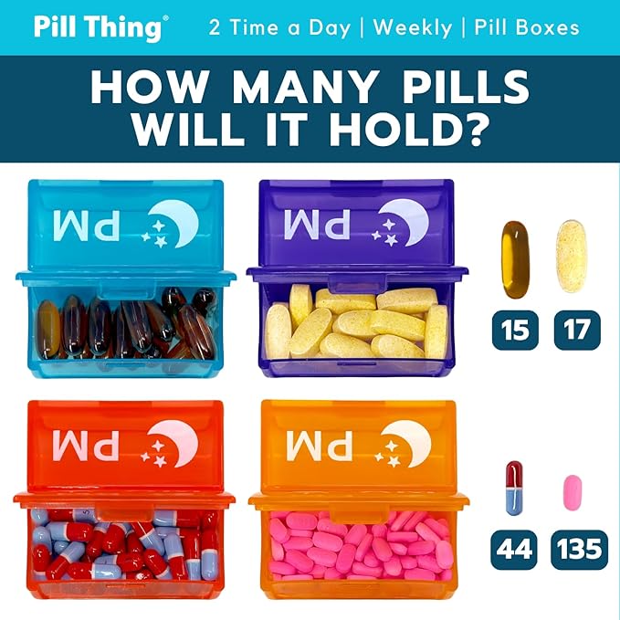 Large Weekly Pill Organizer AM PM, 2 Times a Day Pill Box with Extra-Large Compartments, 7 Day Color-Coded Cases, Secure Snap-in Tray, BPA Free (2X a Day - 1 Pack)