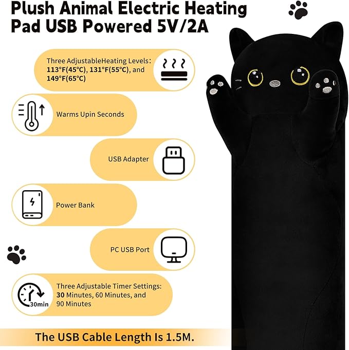 Cat Heating Pad-USB Heated Plush Stuffed Animals for Period Cramps and Menstrual Pain Relief,22” Portable Electric Kitten Heating Pads,Built-Pocket Plushies Women Girls Birthday Gift,Black