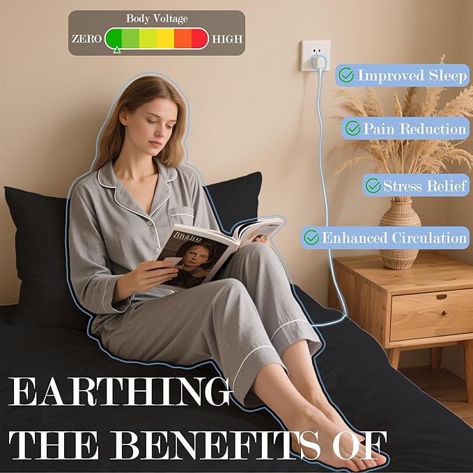 Ali King Grounding Sheets - Full XL Size, Soft Cotton with Silver Fiber, 15'' Deep Pocket Earth Grounding Fitted Bed Sheets for Improved Sleep (Black, Full XL 54''*80''*15'')