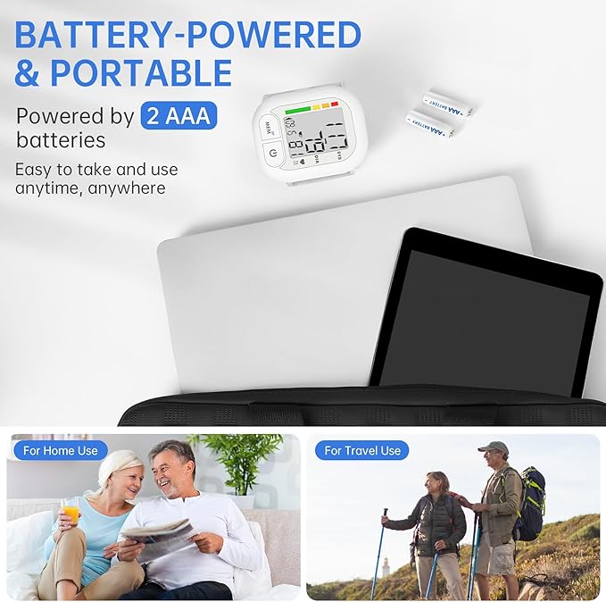 Blood Pressure Monitor Adjustable Wrist Cuff for Home Use Automatic BP Machine Large Digital LCD Display 199 Memory Batteries Included with Carrying Case, White