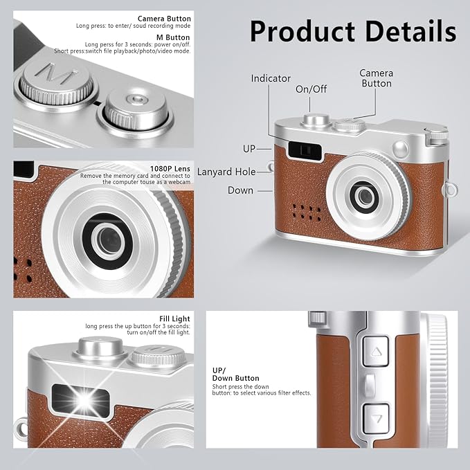 Mini Keychain Camera, FHD 1080p Mini Digital Camera with 32GB SD Card, Flash, 6 Creative Filters, 0.96" HD Display, 100 Mins Battery Life for Travel Recording Birthday Gifts (Vintage, Brown)