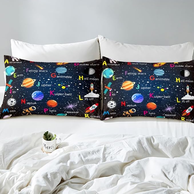 Alphabet Outer Space Astronaut Fitted Sheet Full Size, ABC Planet Bed Sheet Set Kids Toddler Galaxy Bedding Set 3Pcs