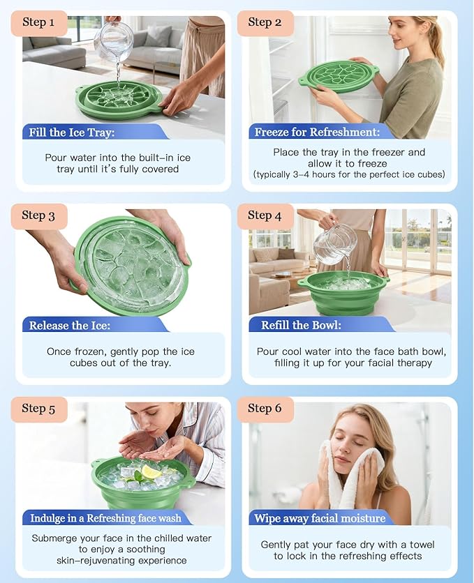 Face Bowl for Ice with Built-in Ice Tray – Collapsible Silicone Facial Ice Bath Bowl for Cold Plunge Therapy, Skin Tightening & Acne Relief – Portable Spa Tool for Home & Travel（Green
