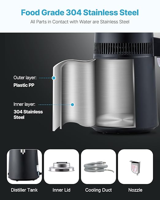 VEVOR Water Distiller, 6L / 1.6 Gallon Countertop Water Distiller for Home, 900W Distilled Water Maker with BPA-Free Plastic Container, 304 Stainless Steel Interior, Distilling for Drinking Water