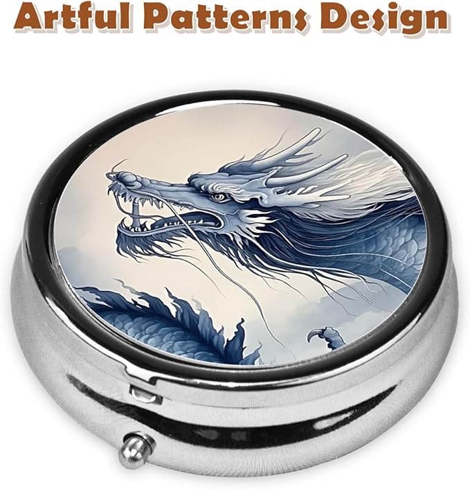 Metal Pill Organizer - 3-Compartment Mini Round Pill Case for Pocket & Purse, Portable Vitamin Holder, Easy-Open Design for Travel - Dragon