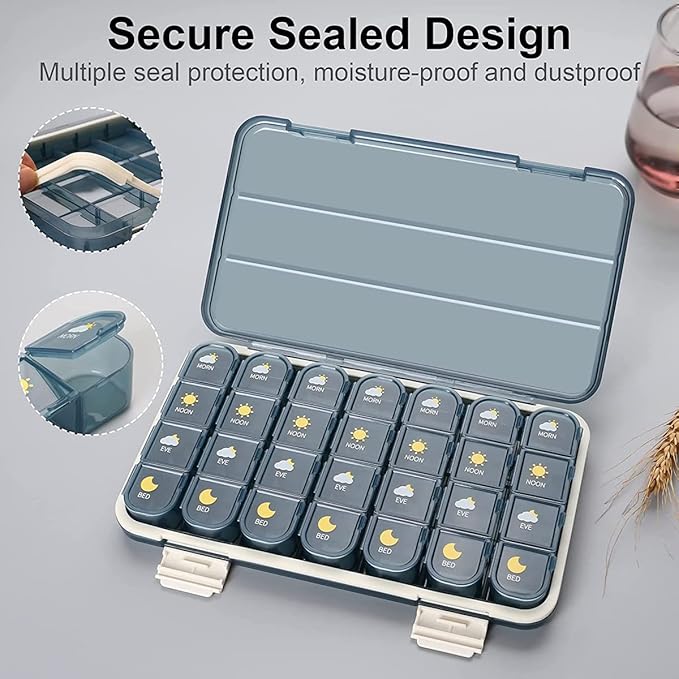 Large Pill Box Organizer 7 Day 4 Times A Day, Weekly Pill Container Easy Open, Daily Airtight Medicine Pill Case Waterproof Moisture Proof for Travel Pocket, BPA Free
