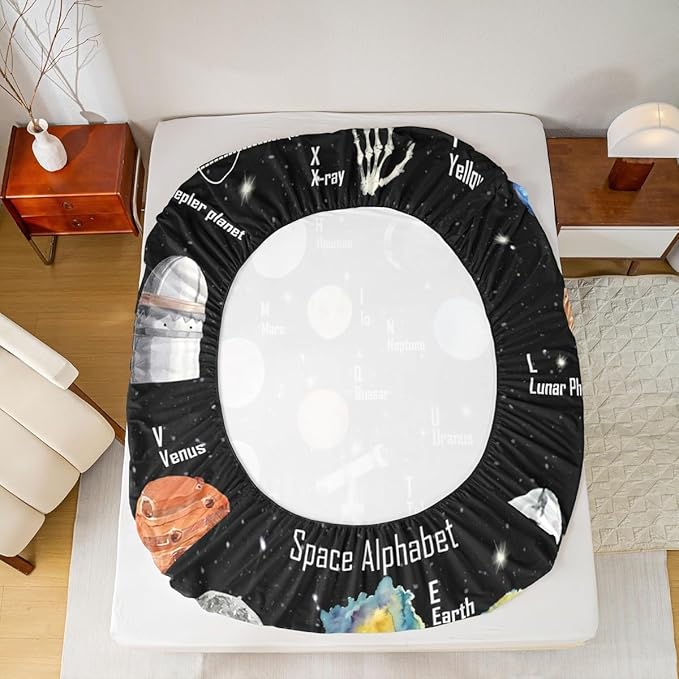 Solar System Bedding Set Full Size for Boys Girls, ABC Alphabet Bed Sheet Set Solar System Alphabet Fitted Sheet Educational Bed Cover with 2 Pillow Case (No Flat Sheet)