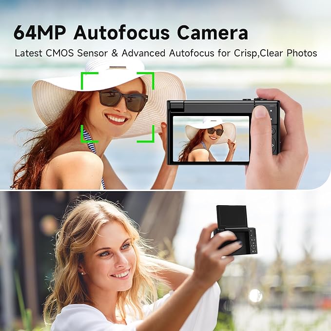 4K Digital Camera for Photography, 64MP Vlogging Video Camera for YouTube with 3'' 180°Flip Screen, 64GB Micro SD Card, 16x Digital Zoom Point Shoot Compact Travel Vintage Cameras (Black)