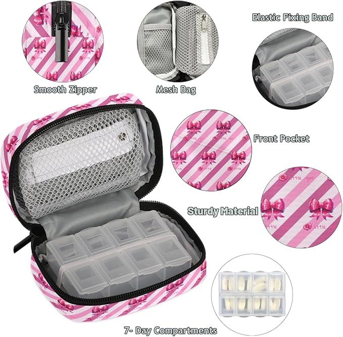 Pink Bow Diagonal Stripes Travel Pill Organizer Box Weekly Portable Pill Case Daily Pills 7 Day Small Birth Control Pills Container Removable Compartments for Medicine Vitamins Fish Oil