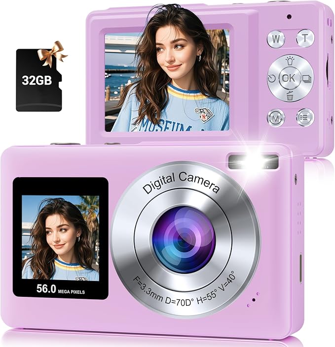 Digital Camera, 56MP 2.7K Dual-Screen Selfie Camera with 16X Zoom, 20 Filters & Anti-Shake, Portable Point and Shoot Digital Cameras with 32GB Card, Compact Travel Cameras for Beginners Teens Kids
