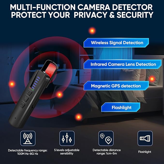 AI Hidden Camera Detector, Anti-Spy Camera Finder RF Signal & WiFi Scanner Hidden Devices Detector for GPS Trackers, 4 Modes for Hotel, Bathroom, Office, Car Travel Security (Black)