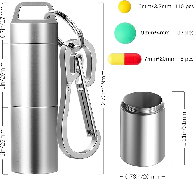 Small Pill Case (2 Compartments Design), Portable Metal Pill Holder Keychain, Waterproof Pill Box Container Mini Stainless Steel Pill Organizer for Travel Purse Pocket
