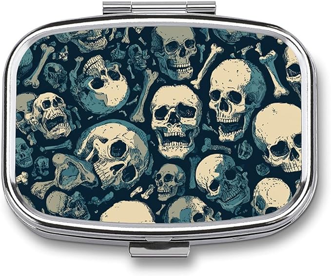 Metal Pill Organizer – 2-Compartment Pocket Pill Box for Vitamins, Supplements, Medications – Compact Travel Case (Skull Bones)