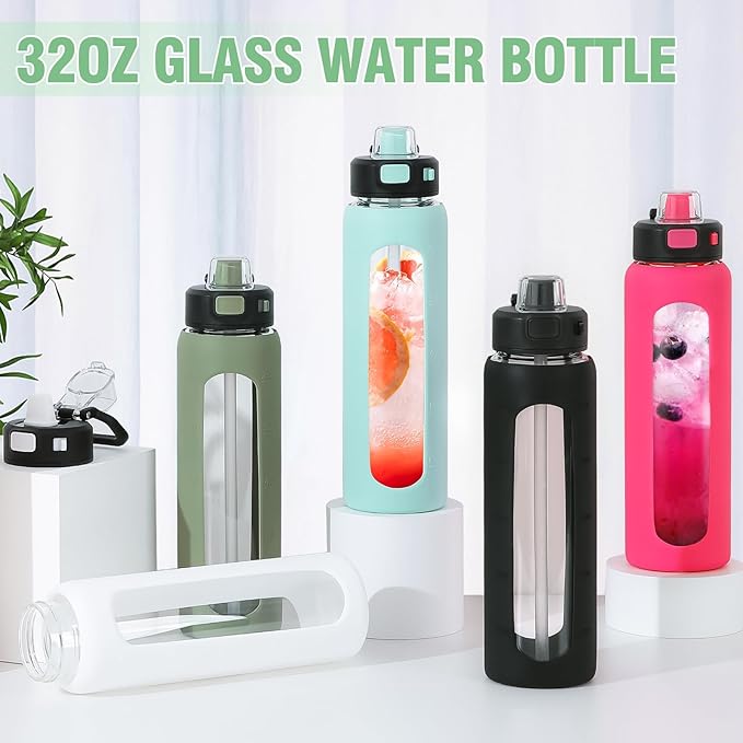 Kodrine 32 oz Glass Water Bottle with Straw and Carry Loop, One-Touch Leakproof Locking Lid, Reusable Drinking Bottle with Time Marker for Travel Home Gym Sports (White)