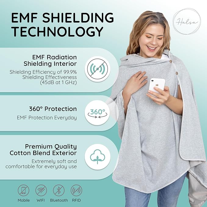 EMF Protection Poncho, Wrap. Wearable Blanket with Hood. Block EMF, RF, WiFi, Bluetooth. 72"x28". Grey Color. For Men and Women.