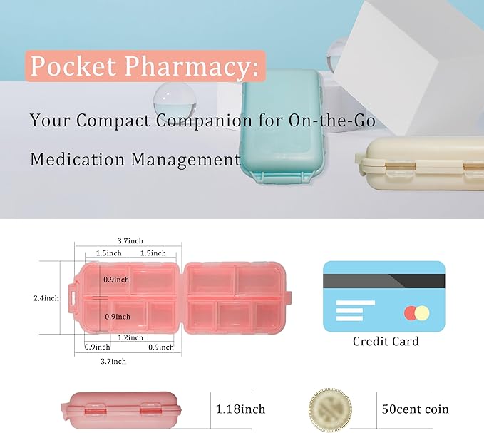 Pill Organizer with Medicine Labels 161 Labels Travel Daily Pill Container Mini Medication Organizer Storage Pill Organizer Travel Essentials Pill Case 7 Day (Beige, 1 Pack)