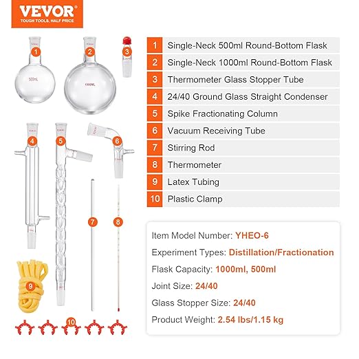 VEVOR Laboratory Distillation Set, 3.3 Borosilicate Glass Equipment with 24/40 Joint, 1000ml Capacity for Essential Oil Extraction, 14-Piece Glassware Kit