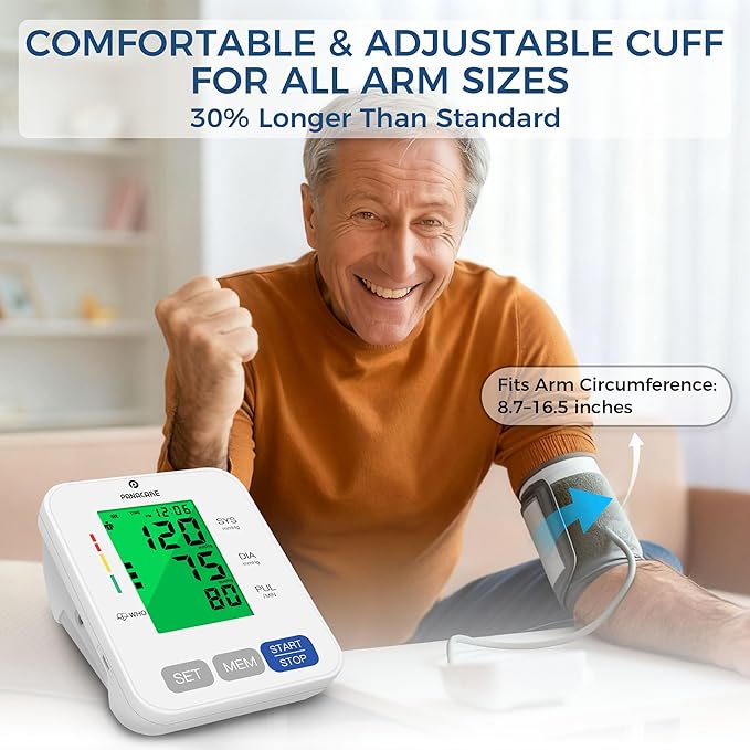 P PANACARE Upper Arm Blood Pressure Monitor for Home Use, Adjustable Cuff (8.7–16.5 inches), Large Backlit Display, White