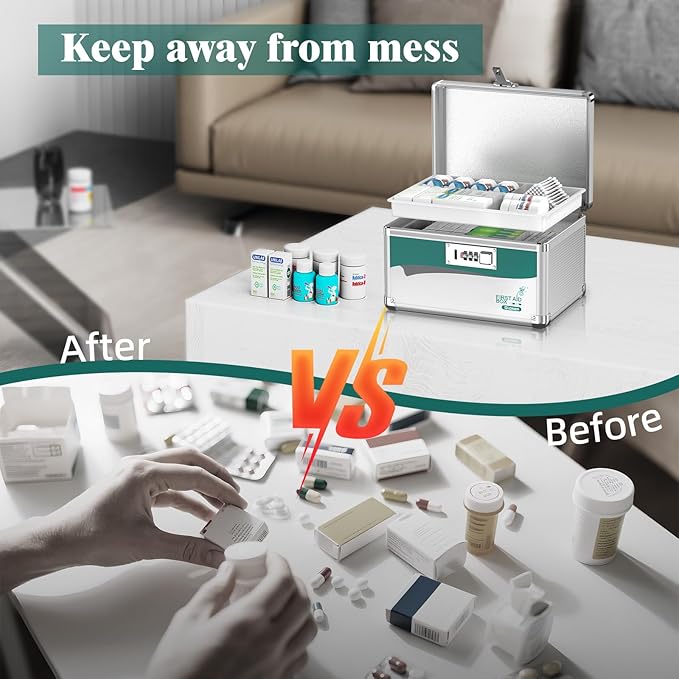 Glosen Medicine Lock Box with code, Medication lock box【Small 10x6.7x6.7 Inch】,medical box organizer with Combination Lock