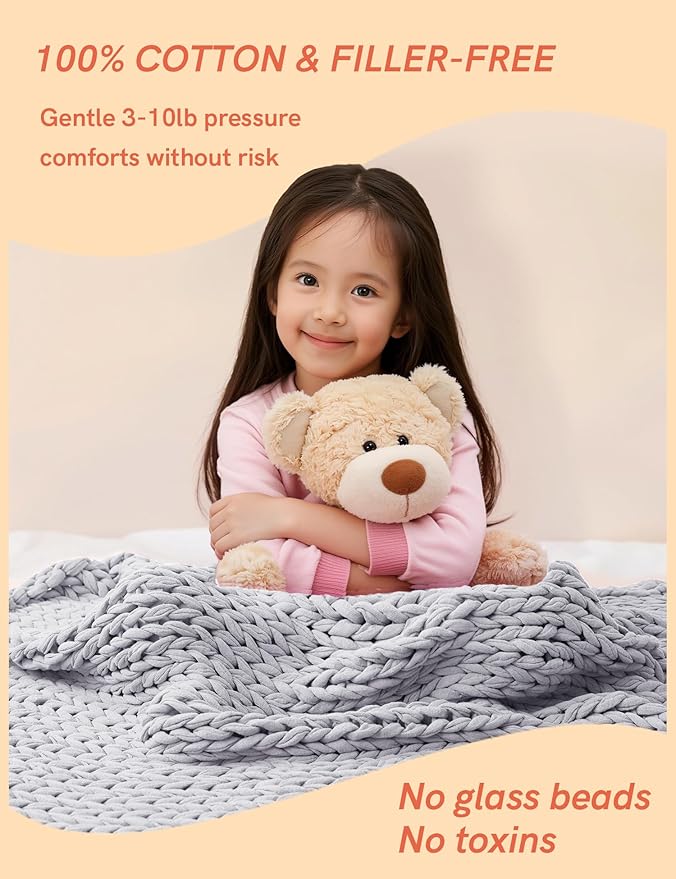 YnM Cooling Weighted Blanket, 100% Cotton Handmade Chunky Knitted Blanket, Weighted Lap, Breathable Heavy Blankets, Machine Washable Throw for Sleep or Home Decor (Light Grey, 25x35 Inch, 3lbs)