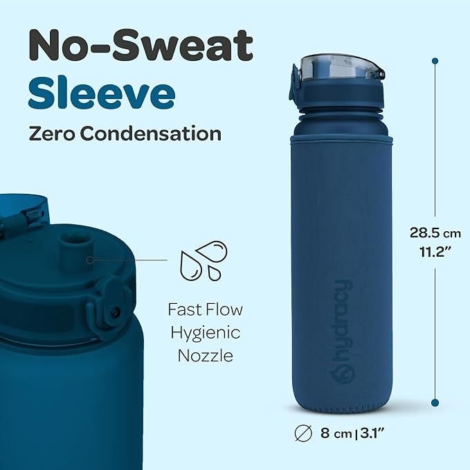 Hydracy Water Bottle with Time Marker -Large BPA Free Water Bottle & No Sweat Sleeve -Leak Proof Gym Bottle with Fruit Infuser Strainer & Times to Drink -Ideal for Fitness Sports & Outdoors