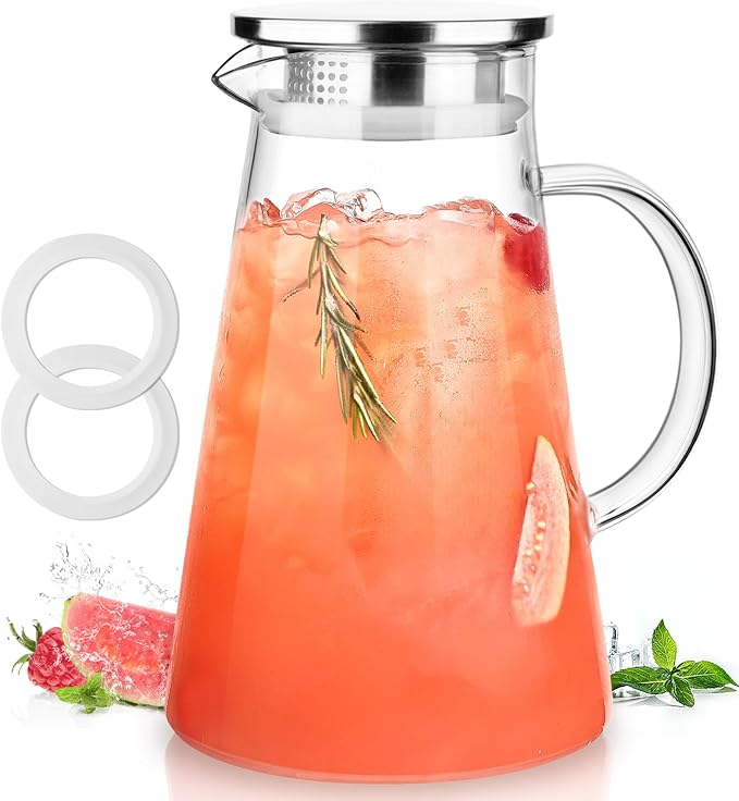 LUNA&MANTHA Glass Pitcher, 2 Liter 68oz Water Pitcher with lid and Handle, Large Ice Tea Jug for Fridge, Borosilicate Glass Carafe for Hot/Cold Drink, Juice, Coffee, Milk, Beverage