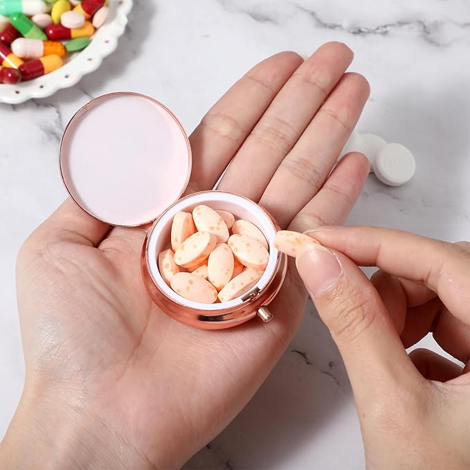 Sibba Portable Medicine Pill Case, Travel Multi-Functional Moisture Proof Pill Box for Purse & Pocket, Cute Metal Medicine Pill Organizer Box for Vitamins, Fish Oil & Supplements (Rose Gold)