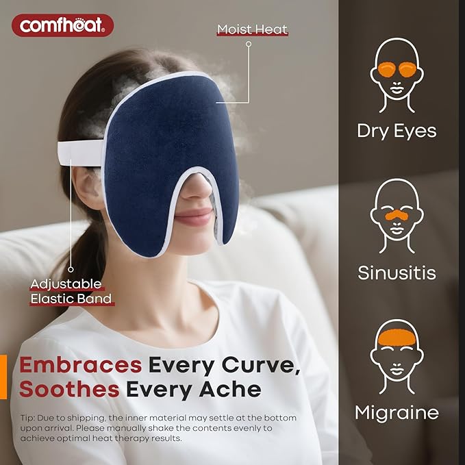 Face Heating Pad for Sinus Pressure Relief, Moist Heat Microwave Heated Face Mask Warm Compress for Sinus Pain, Migraine, Tension Headache Relief, Relaxation, Washable Cover, Navy Blue