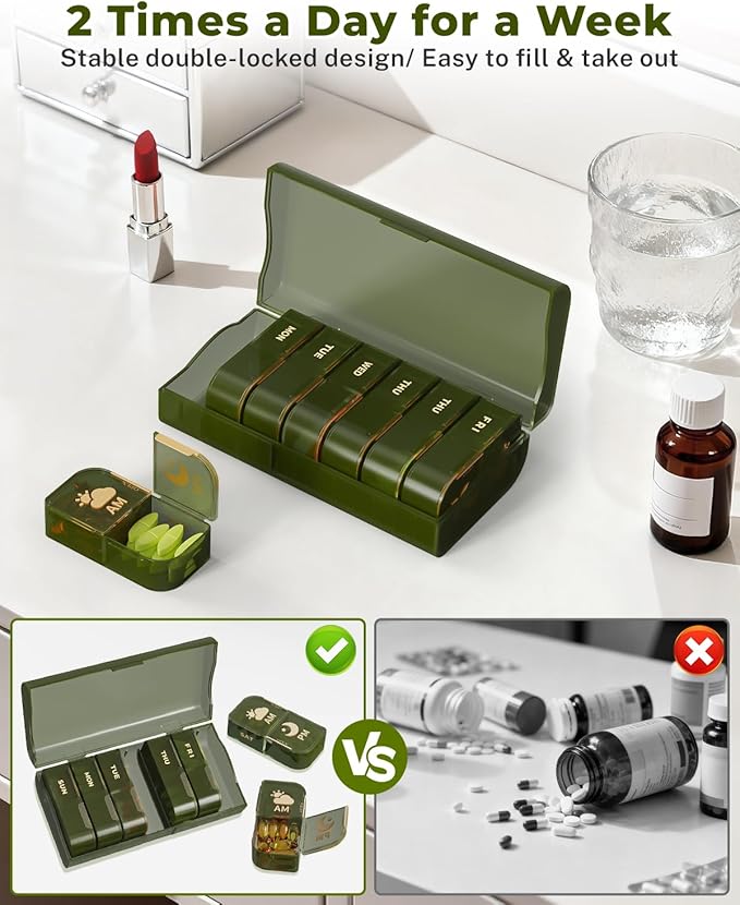 Weekly Pill Organizer 2 Times a Day, 7 Day AM/PM Pill Box, Portable Medication Dispenser with Child-Resistant Latch, BPA-Free, Travel, Office, Pets, Emergency Use (Green)