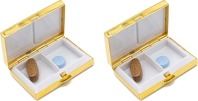 Set of 2 Rectangular-Shaped Pocket Purse Pill Box & Organizer with Dual Compartments (Gold Envelope)