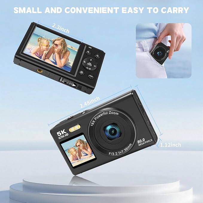 Dual Screen 5K Digital Camera for Vlogging with Fill Light - 80MP, 16X Zoom, WiFi, YouTube/Blogging, Includes 32GB Card & 2 Batteries (X9-Black)
